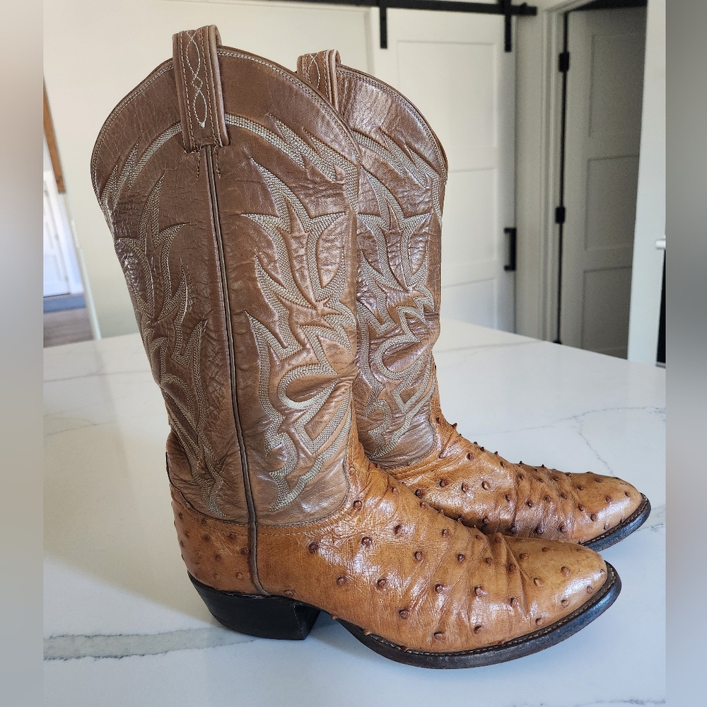 Tony Lama El Rey Collection Vintage Full Quill Ostrich Boots Brown/Tan Size 8.5D